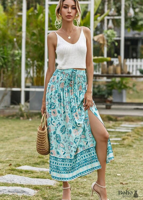 Boho Skirts in Smocked Waist, Bird Garden in Blue For Women
